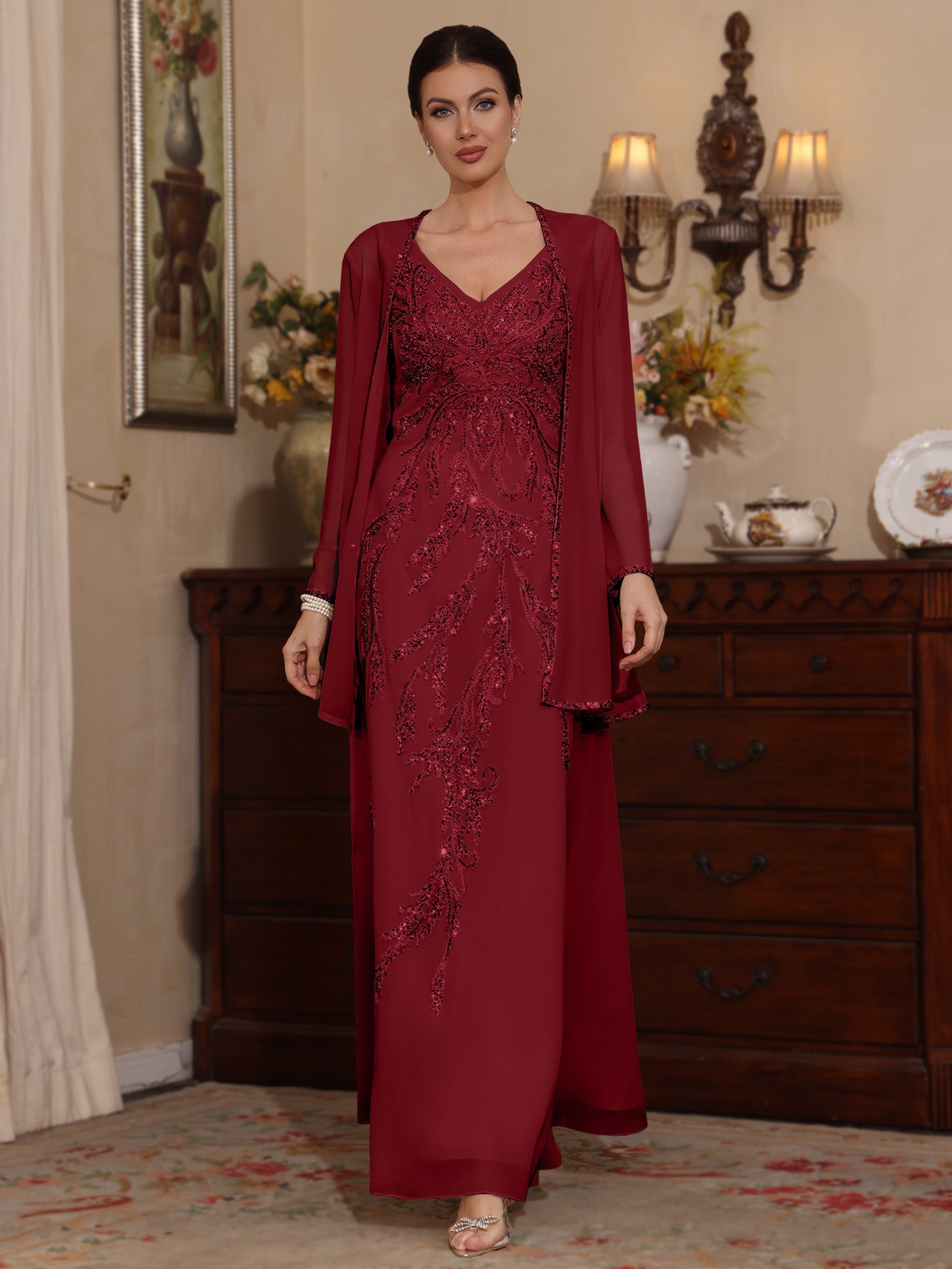 2 Pieces A-Line/Princess V-Neck Chiffon Mother of the Bride Dresses with Jacket Sequins Ankle-Length Long Sleeves