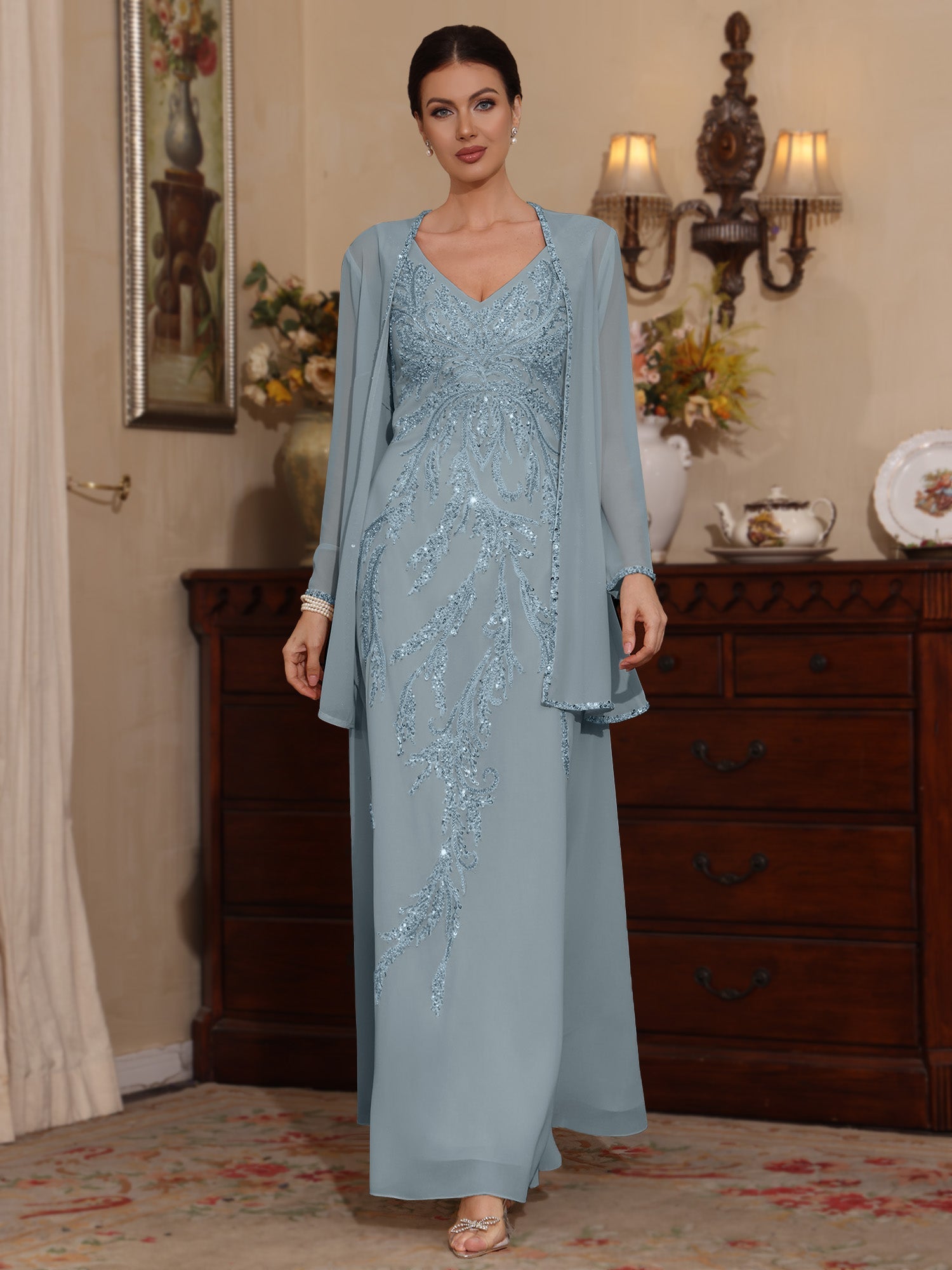 2 Pieces A-Line/Princess V-Neck Chiffon Mother of the Bride Dresses with Jacket Sequins Ankle-Length Long Sleeves