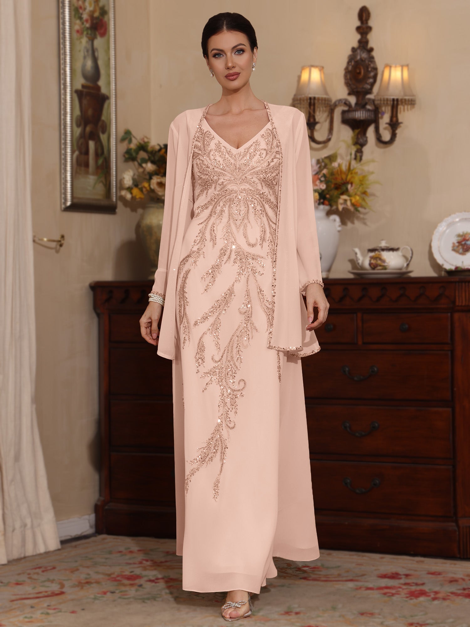 2 Pieces A-Line/Princess V-Neck Chiffon Mother of the Bride Dresses with Jacket Sequins Ankle-Length Long Sleeves