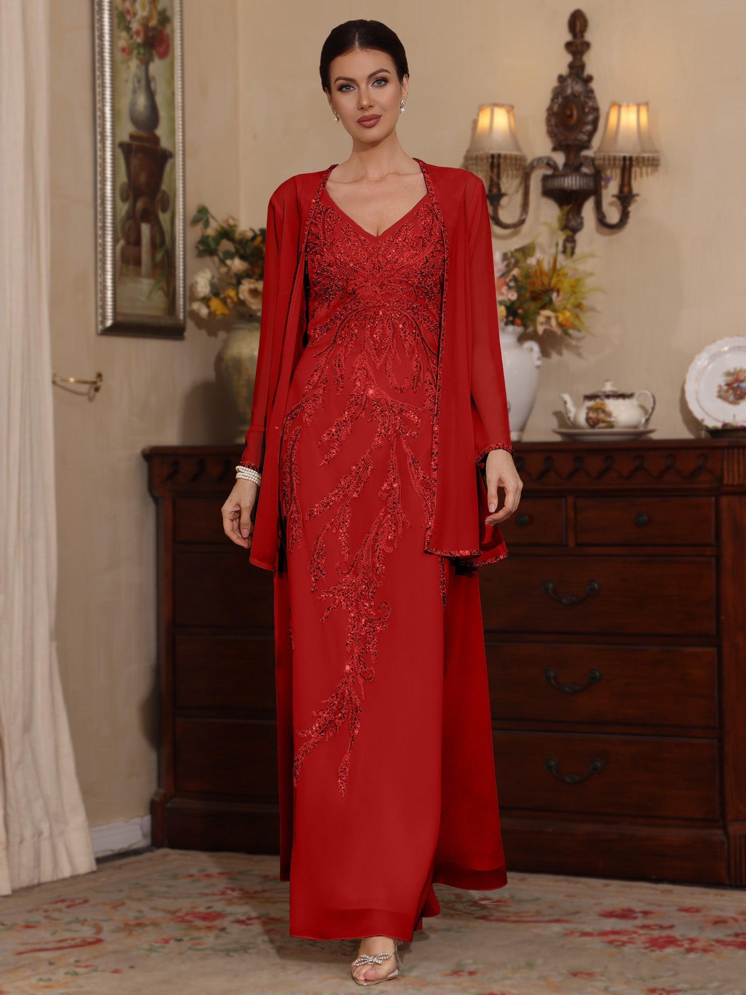 2 Pieces A-Line/Princess V-Neck Chiffon Mother of the Bride Dresses with Jacket Sequins Ankle-Length Long Sleeves