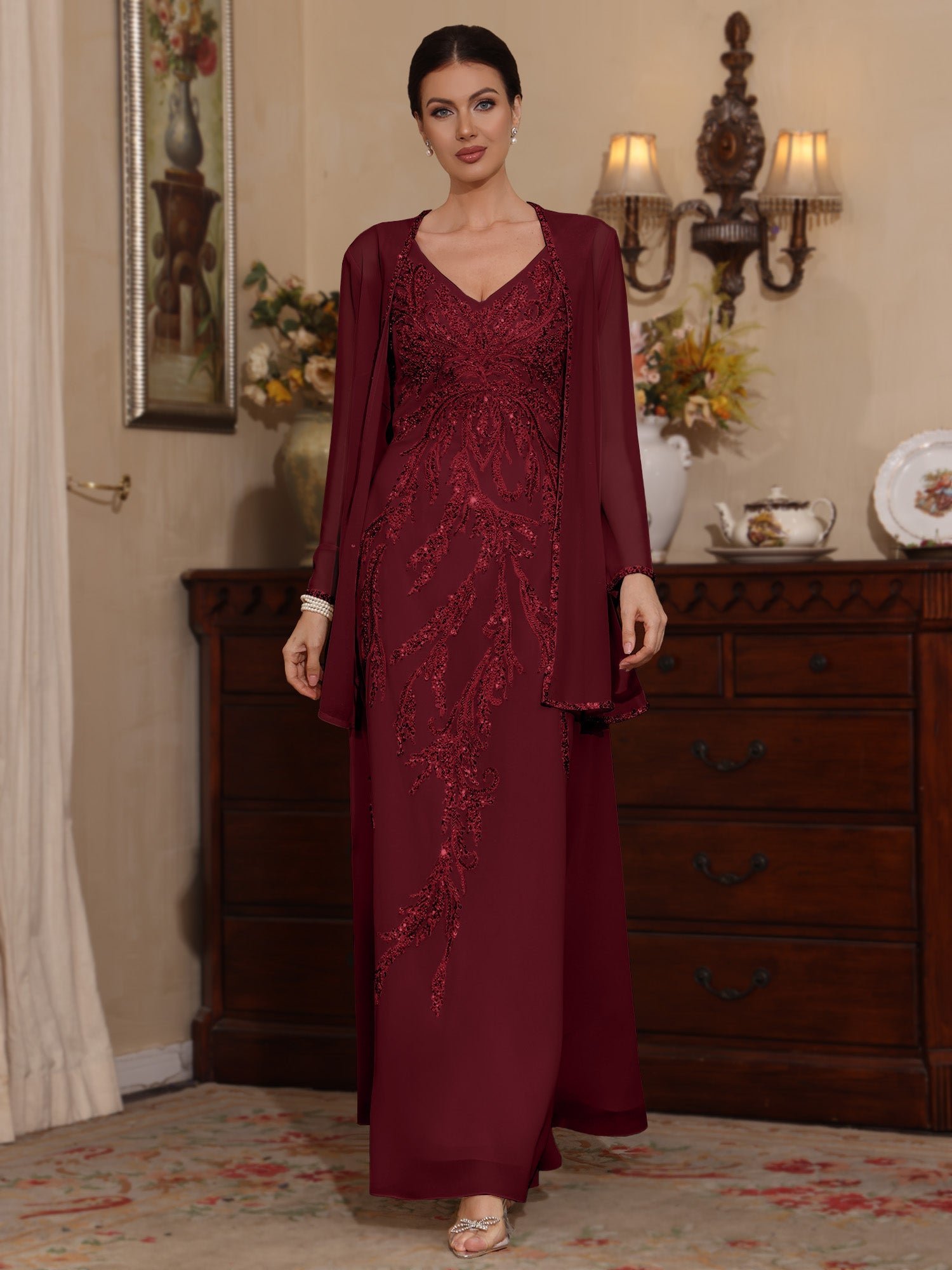 2 Pieces A-Line/Princess V-Neck Chiffon Mother of the Bride Dresses with Jacket Sequins Ankle-Length Long Sleeves