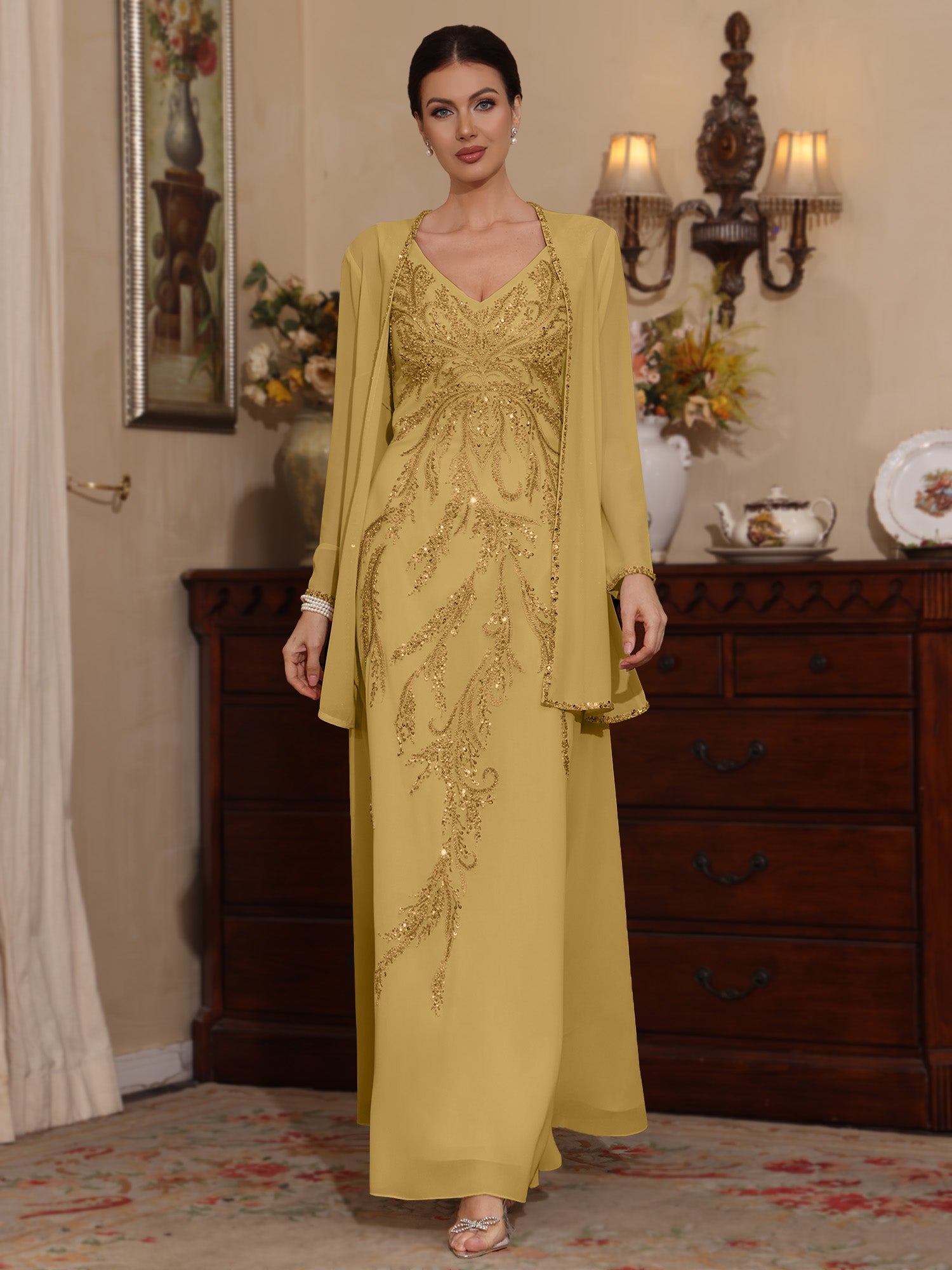 2 Pieces A-Line/Princess V-Neck Chiffon Mother of the Bride Dresses with Jacket Sequins Ankle-Length Long Sleeves
