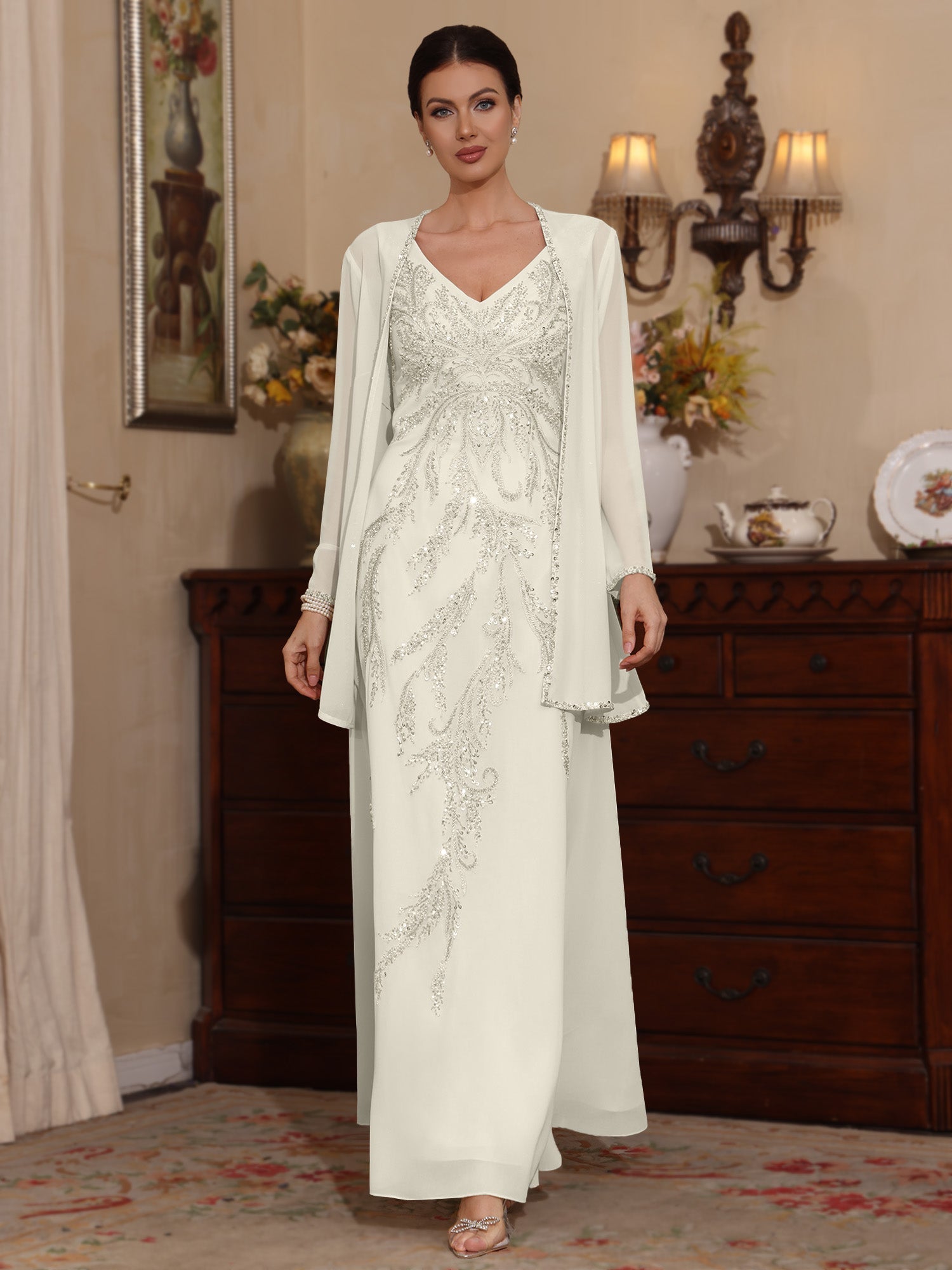 2 Pieces A-Line/Princess V-Neck Chiffon Mother of the Bride Dresses with Jacket Sequins Ankle-Length Long Sleeves