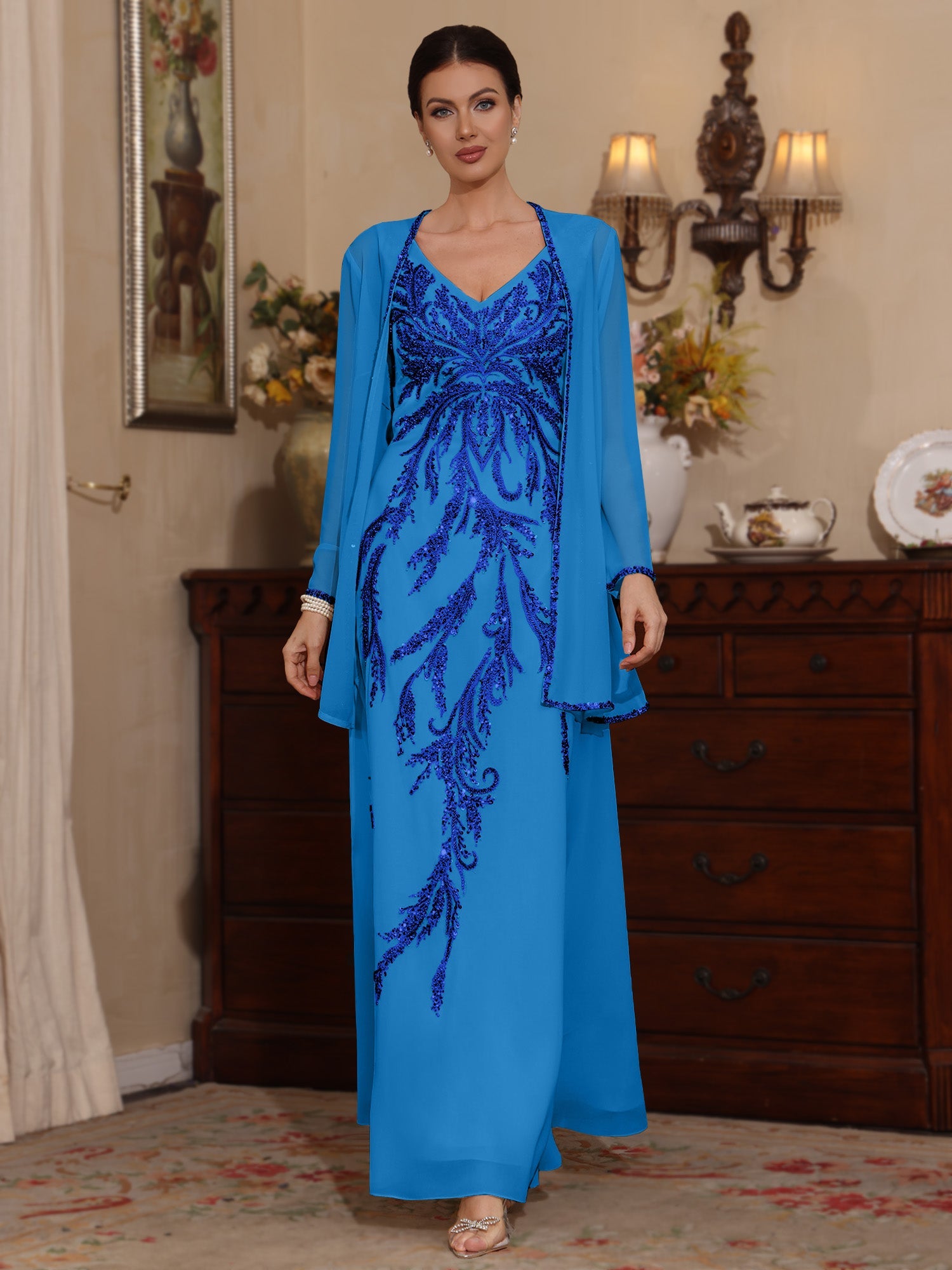 2 Pieces A-Line/Princess V-Neck Chiffon Mother of the Bride Dresses with Jacket Sequins Ankle-Length Long Sleeves