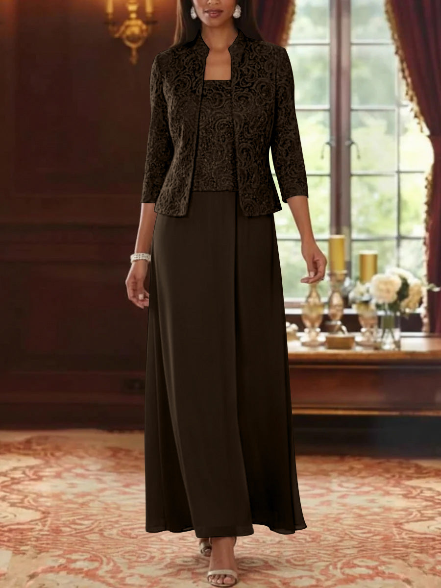 2 Pieces A-Line/Princess Square Collar Chiffon Mother of the Bride Dresses with Jacket Lace Ankle-Length 3/4 Sleeves