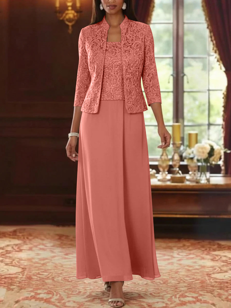 2 Pieces A-Line/Princess Square Collar Chiffon Mother of the Bride Dresses with Jacket Lace Ankle-Length 3/4 Sleeves