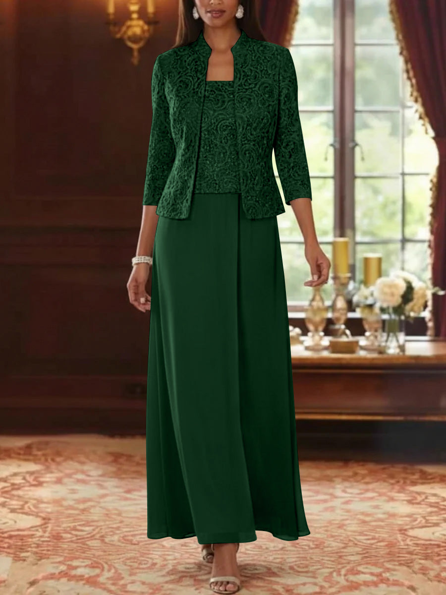 2 Pieces A-Line/Princess Square Collar Chiffon Mother of the Bride Dresses with Jacket Lace Ankle-Length 3/4 Sleeves