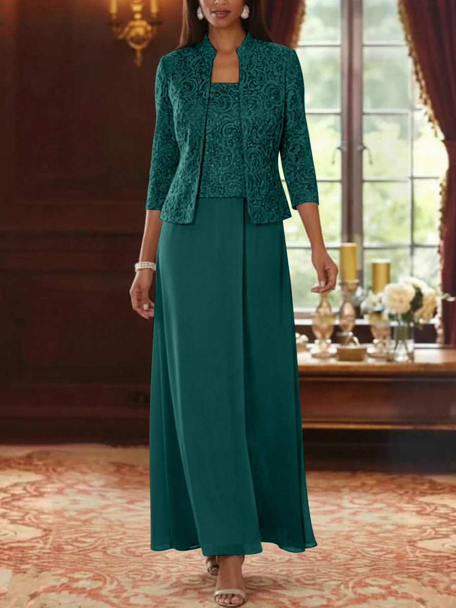 2 Pieces A-Line/Princess Square Collar Chiffon Mother of the Bride Dresses with Jacket Lace Ankle-Length 3/4 Sleeves