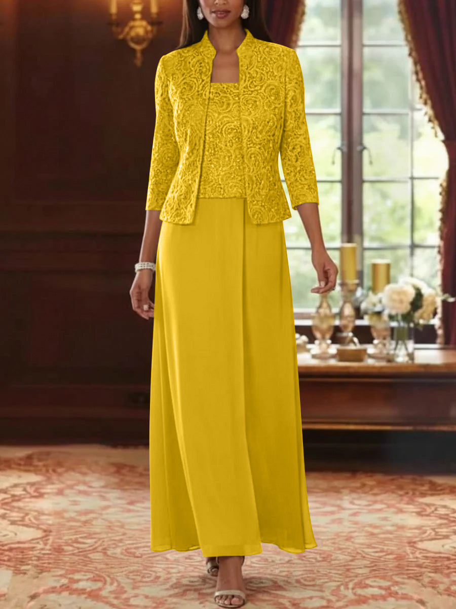 2 Pieces A-Line/Princess Square Collar Chiffon Mother of the Bride Dresses with Jacket Lace Ankle-Length 3/4 Sleeves