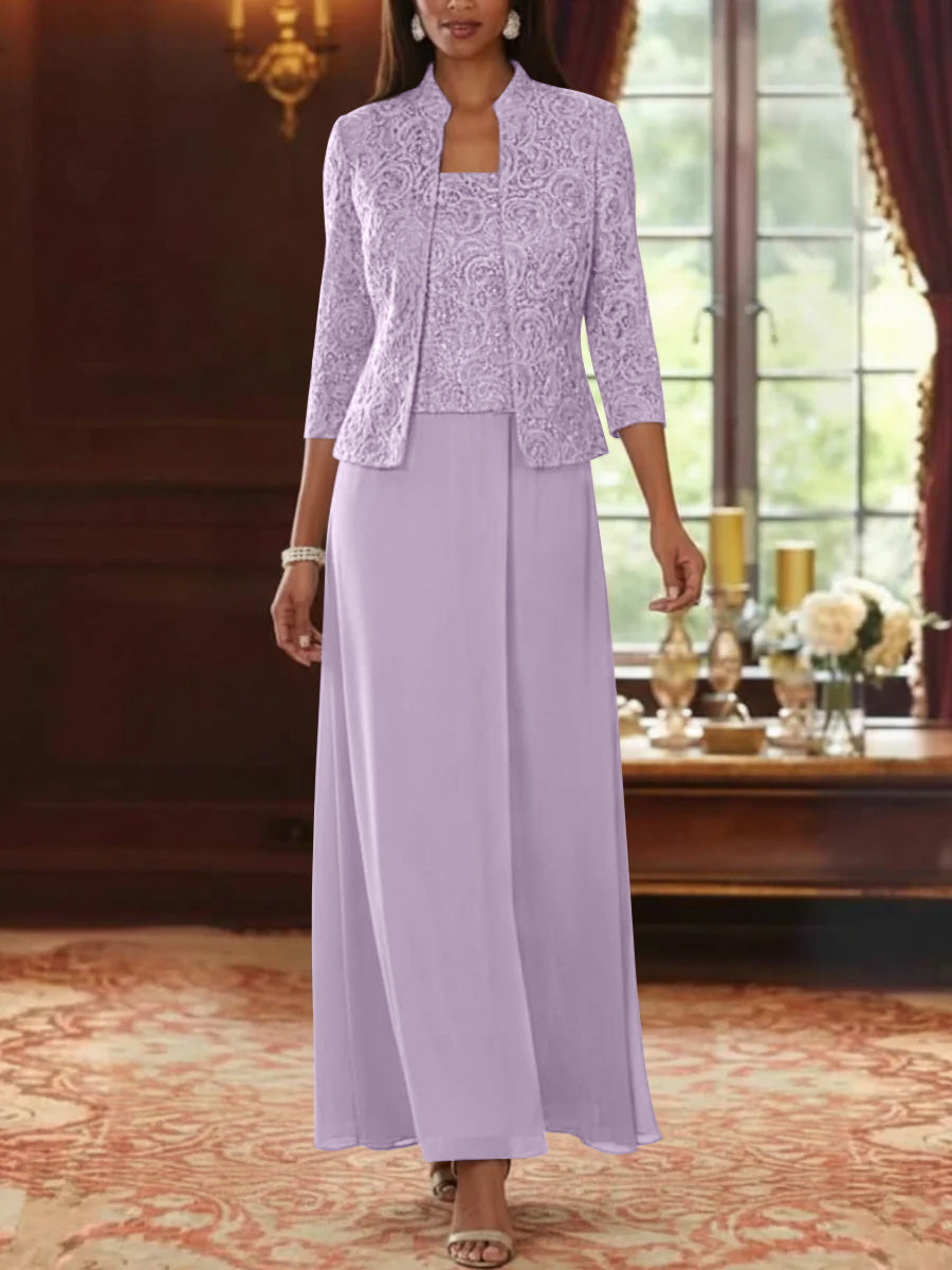 2 Pieces A-Line/Princess Square Collar Chiffon Mother of the Bride Dresses with Jacket Lace Ankle-Length 3/4 Sleeves