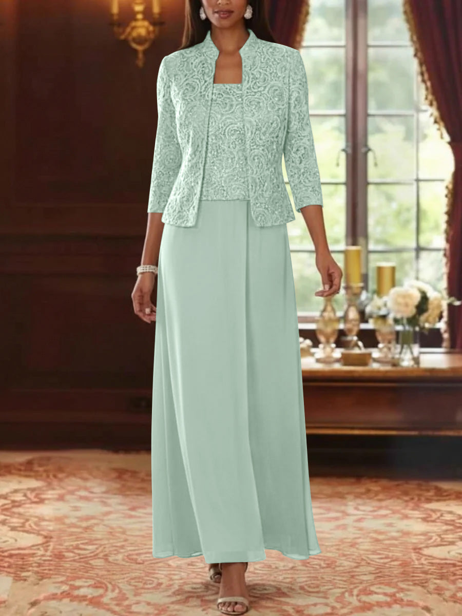 2 Pieces A-Line/Princess Square Collar Chiffon Mother of the Bride Dresses with Jacket Lace Ankle-Length 3/4 Sleeves