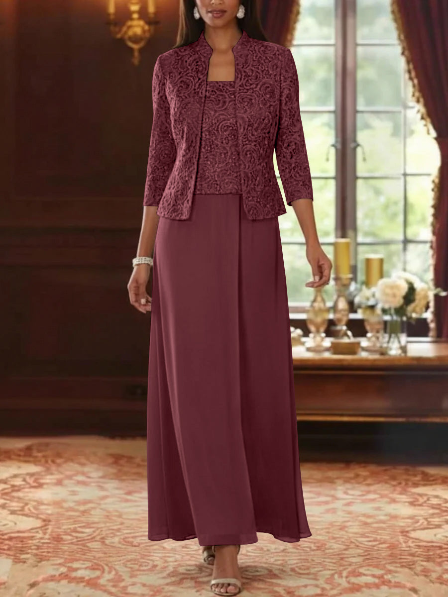 2 Pieces A-Line/Princess Square Collar Chiffon Mother of the Bride Dresses with Jacket Lace Ankle-Length 3/4 Sleeves