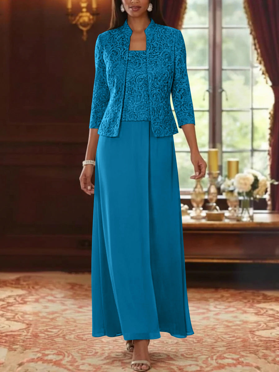 2 Pieces A-Line/Princess Square Collar Chiffon Mother of the Bride Dresses with Jacket Lace Ankle-Length 3/4 Sleeves