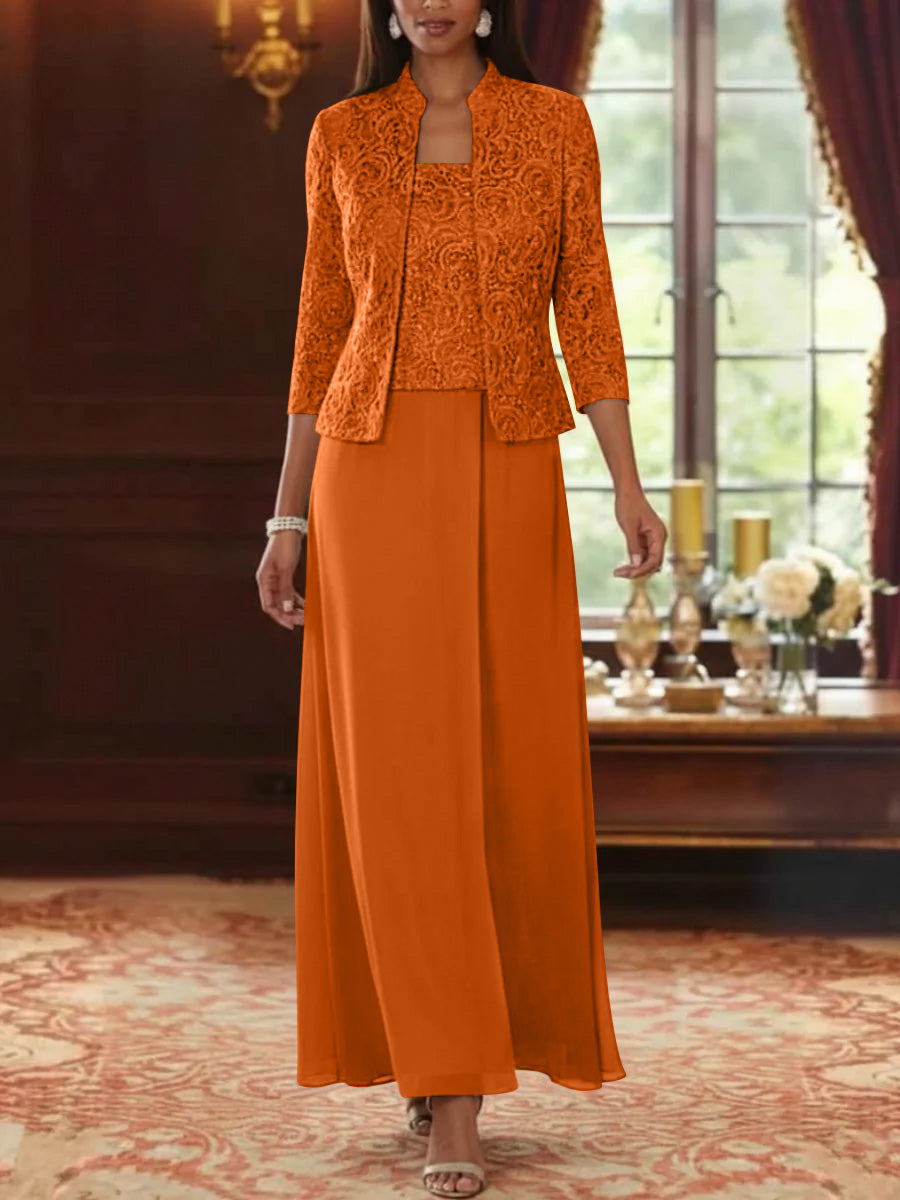 2 Pieces A-Line/Princess Square Collar Chiffon Mother of the Bride Dresses with Jacket Lace Ankle-Length 3/4 Sleeves