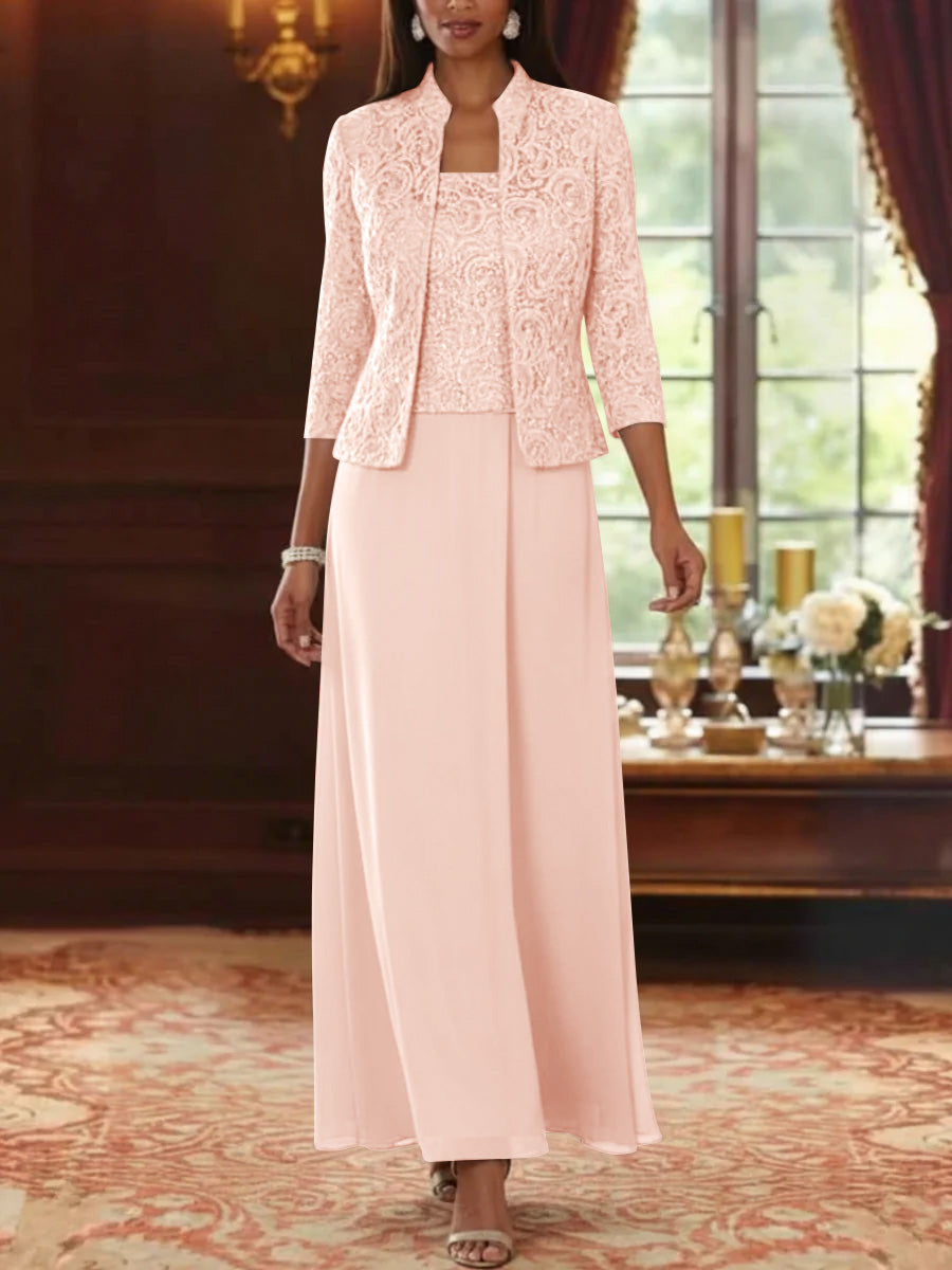 2 Pieces A-Line/Princess Square Collar Chiffon Mother of the Bride Dresses with Jacket Lace Ankle-Length 3/4 Sleeves