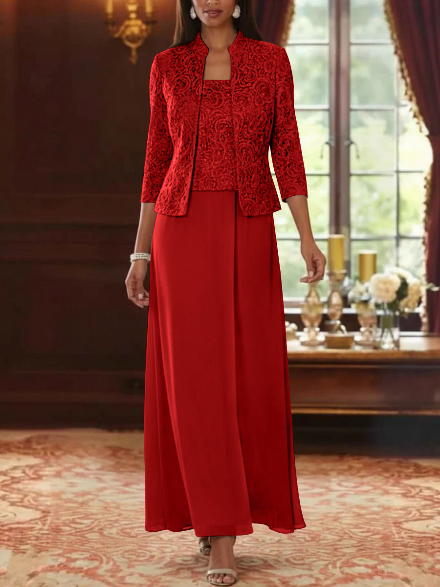 2 Pieces A-Line/Princess Square Collar Chiffon Mother of the Bride Dresses with Jacket Lace Ankle-Length 3/4 Sleeves