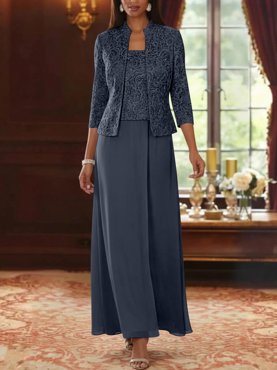 2 Pieces A-Line/Princess Square Collar Chiffon Mother of the Bride Dresses with Jacket Lace Ankle-Length 3/4 Sleeves