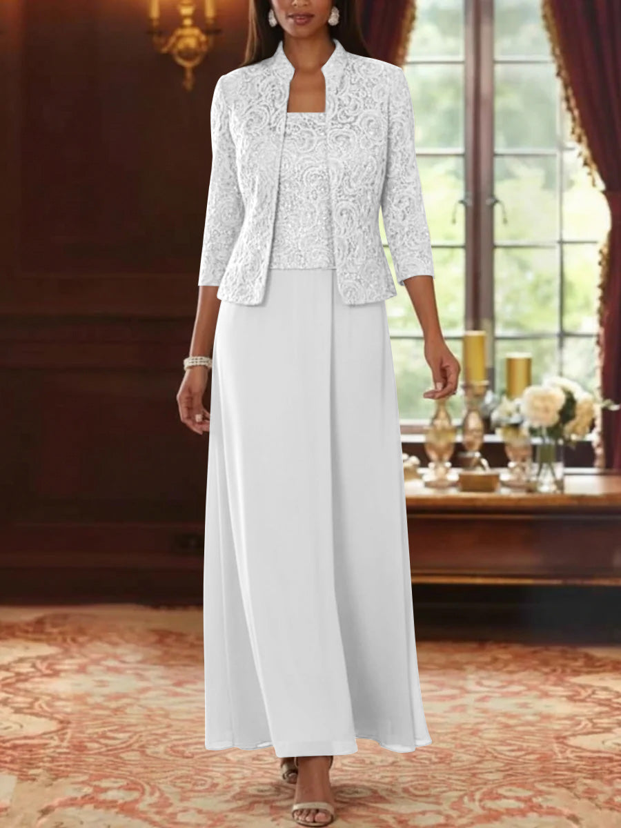 2 Pieces A-Line/Princess Square Collar Chiffon Mother of the Bride Dresses with Jacket Lace Ankle-Length 3/4 Sleeves