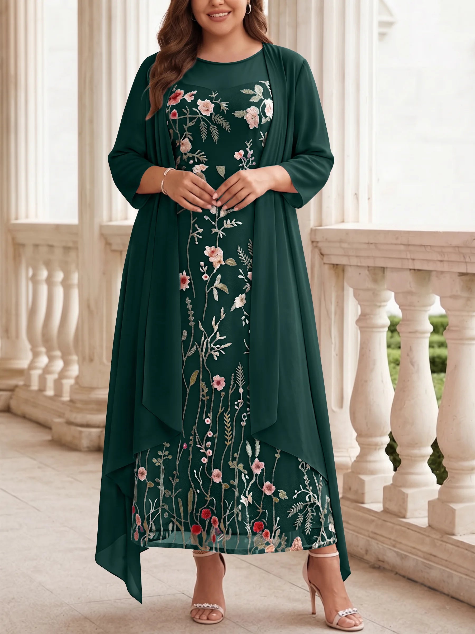 2 Pieces A-Line/Princess Scoop Chiffon Plus Size Mother of the Bride Dresses with Jacket Long Sleeves Ankle-Length Lace Floral