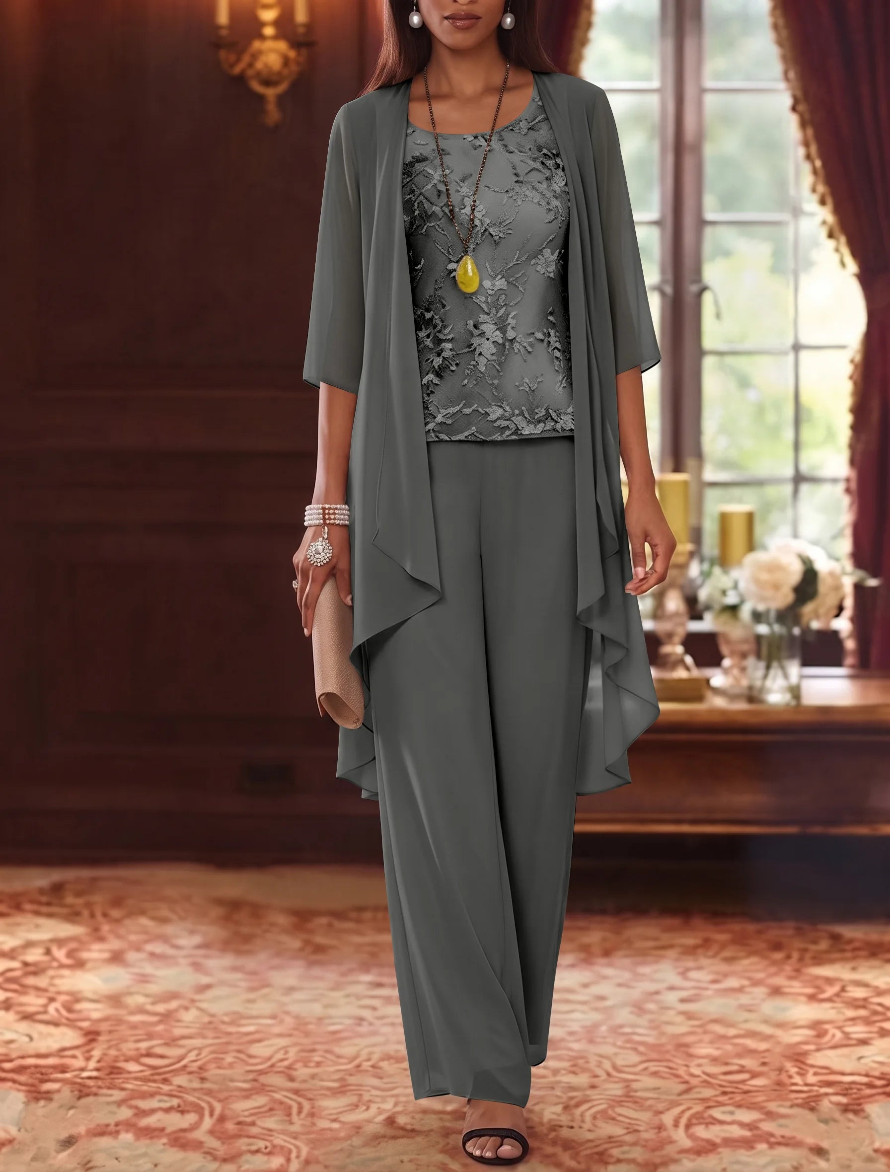 3 Pieces Scoop Chiffon Mother of the Bride Pantsuits with Jacket 3/4 Sleeves Ankle-Length Lace Floral