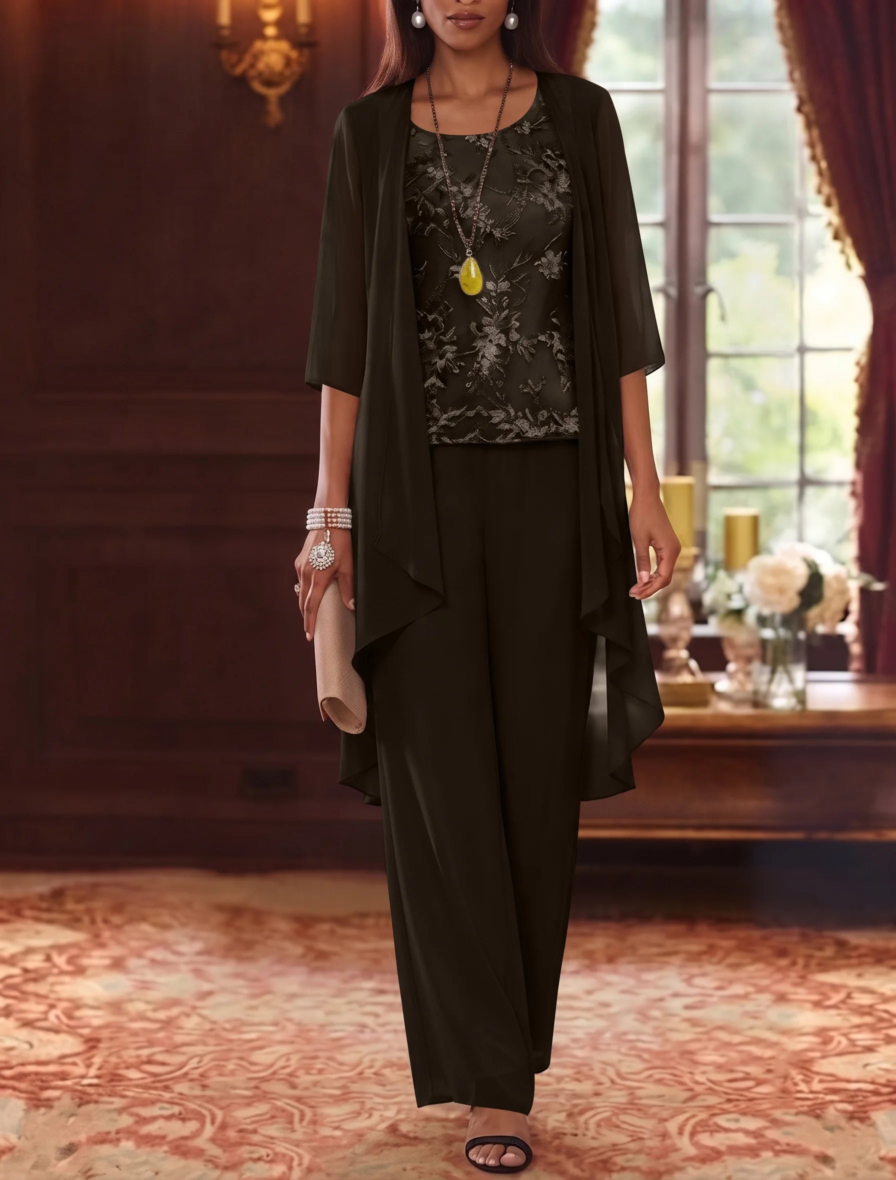 3 Pieces Scoop Chiffon Mother of the Bride Pantsuits with Jacket 3/4 Sleeves Ankle-Length Lace Floral