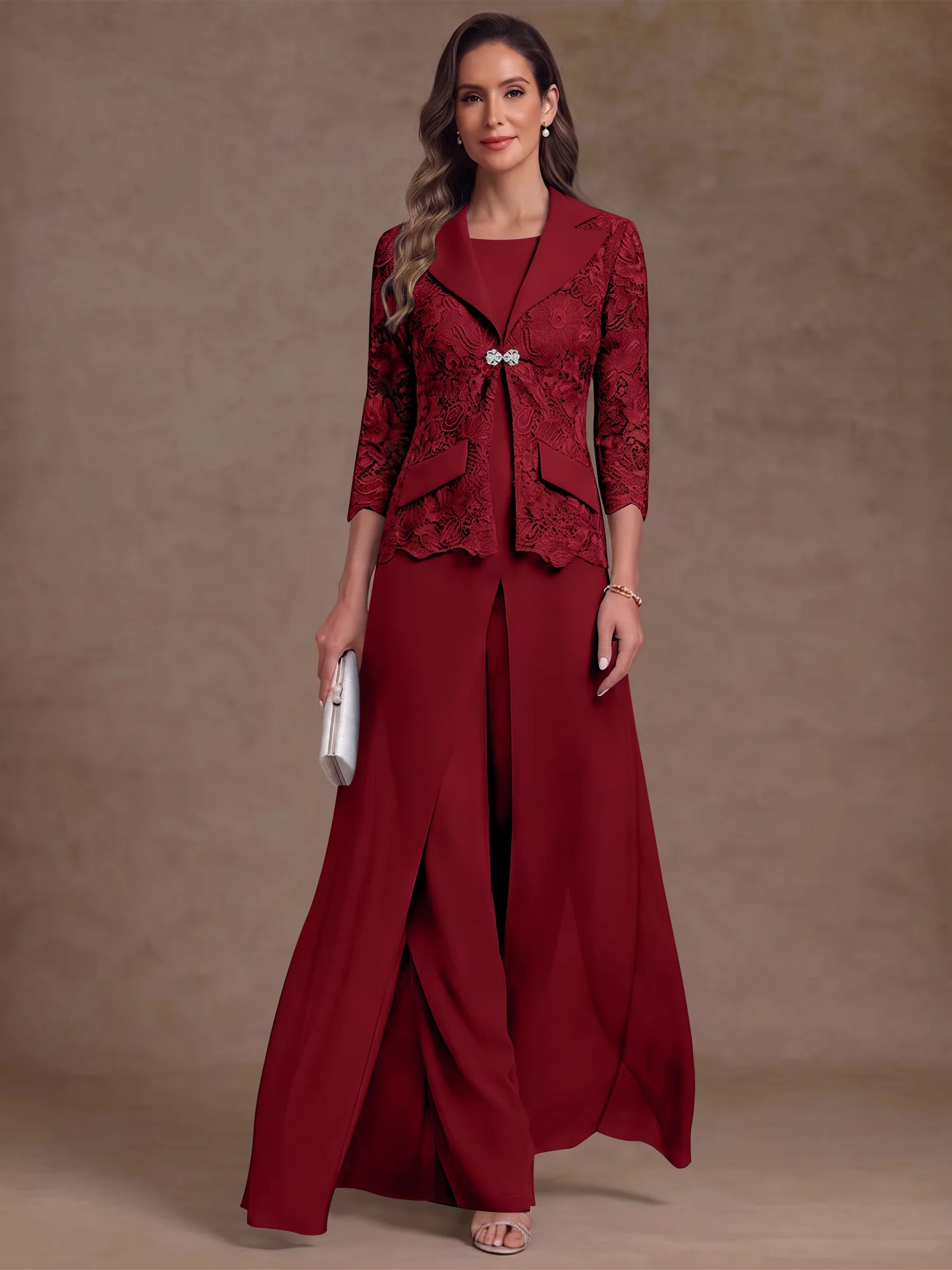 3 Pieces Suit Scoop Chiffon Mother of the Bride Pantsuits with Jacket Overskirt Lace Ankle-Length 3/4 Sleeves