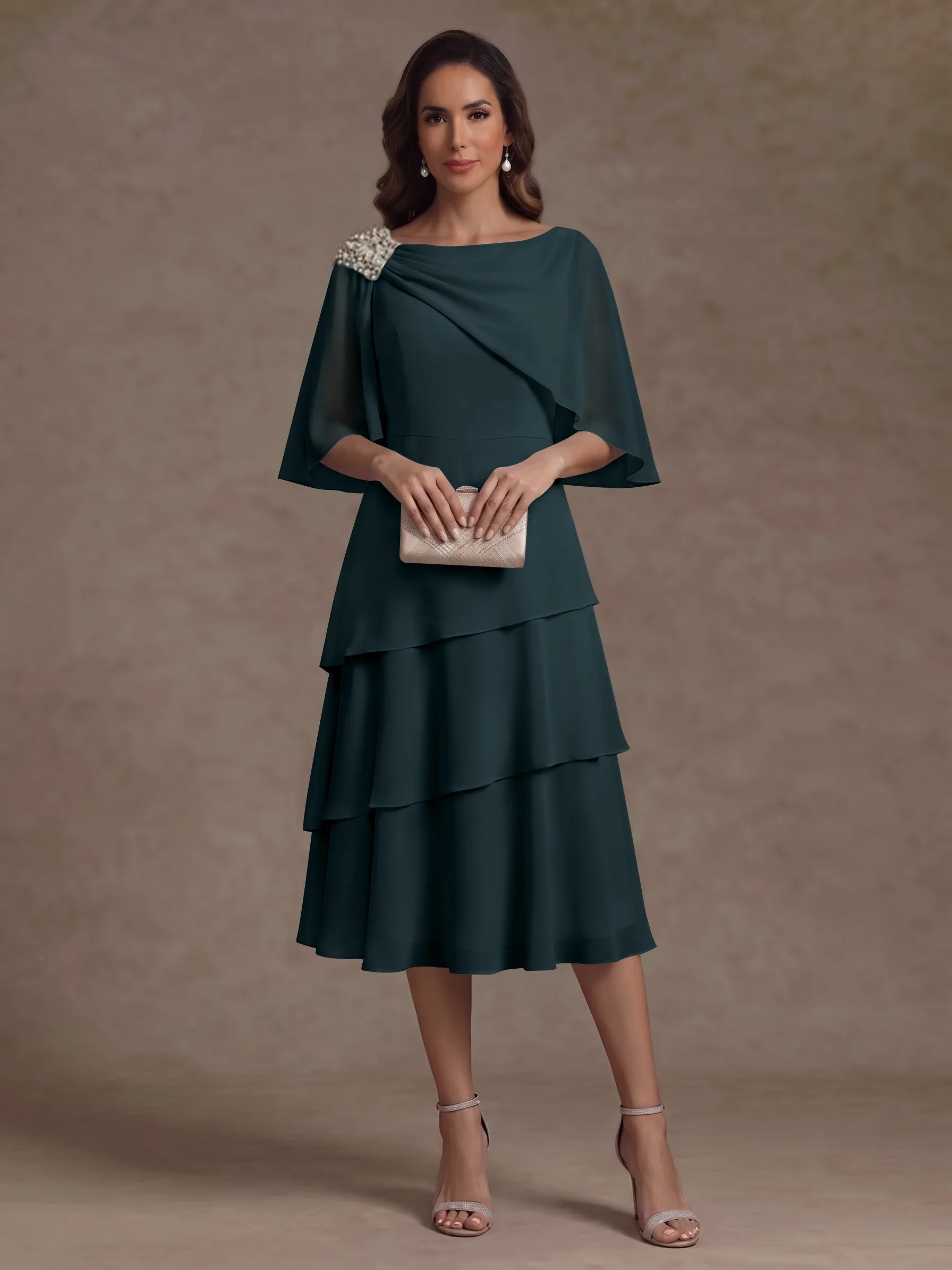 A-Line/Princess Boat Neck Chiffon Mother of the Bride Dresses Tea-Length Cape Sleeves Ruffles