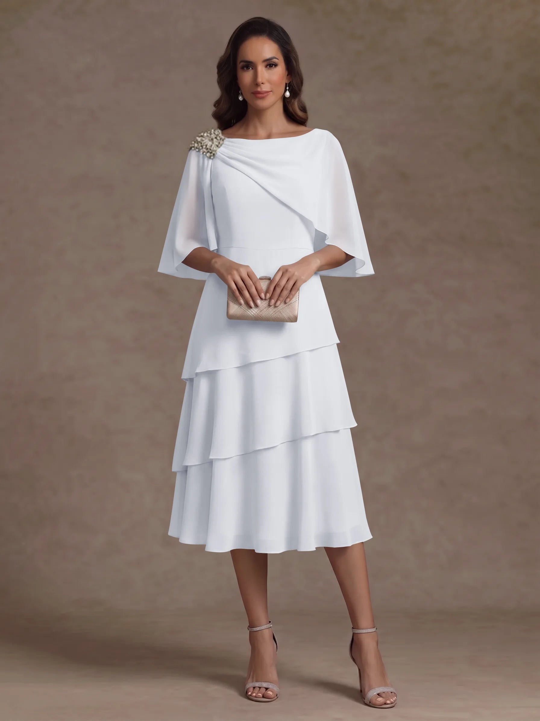 A-Line/Princess Boat Neck Chiffon Mother of the Bride Dresses Tea-Length Cape Sleeves Ruffles