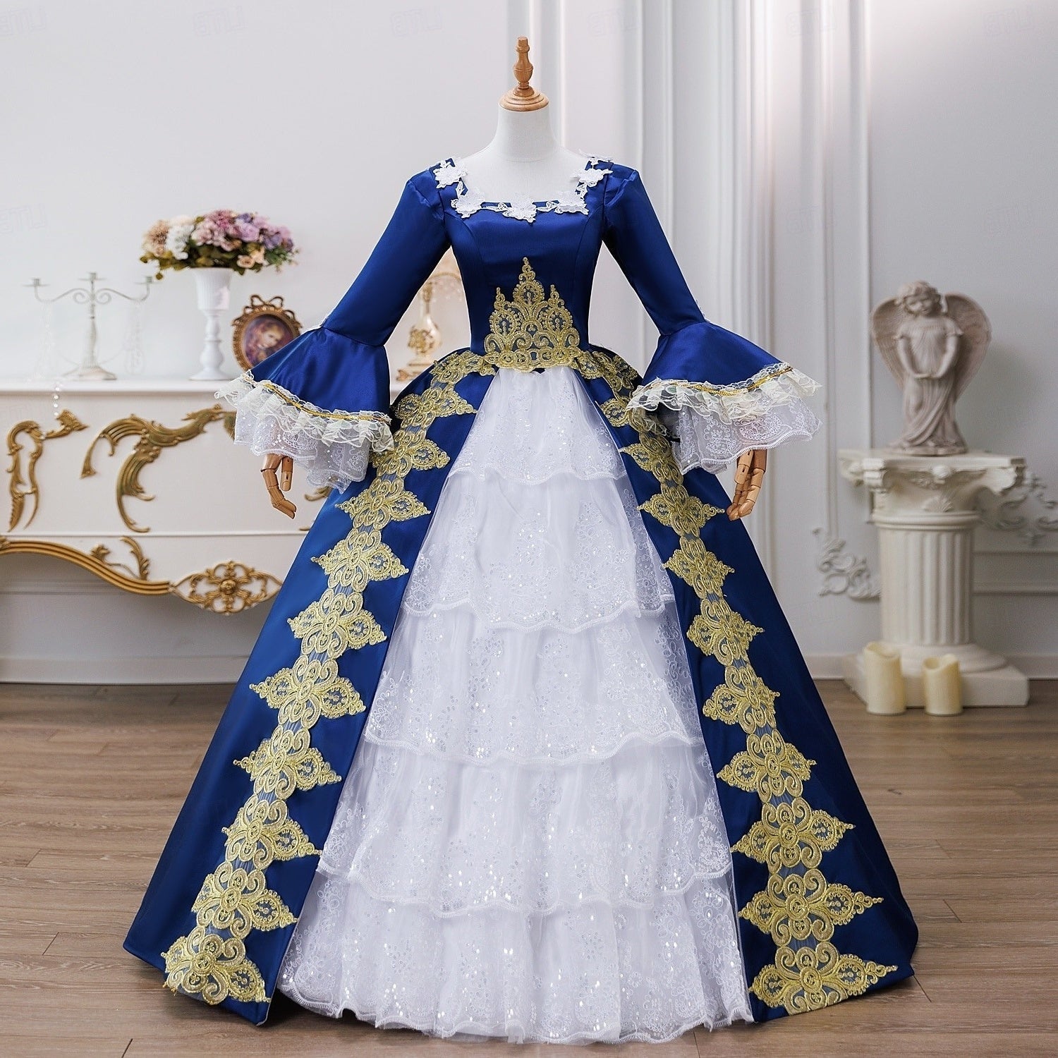 18th Century Ball Gown Square Neck Long Sleeves Maria Antonietta Rococo Victorian Renaissance Vacation Dress