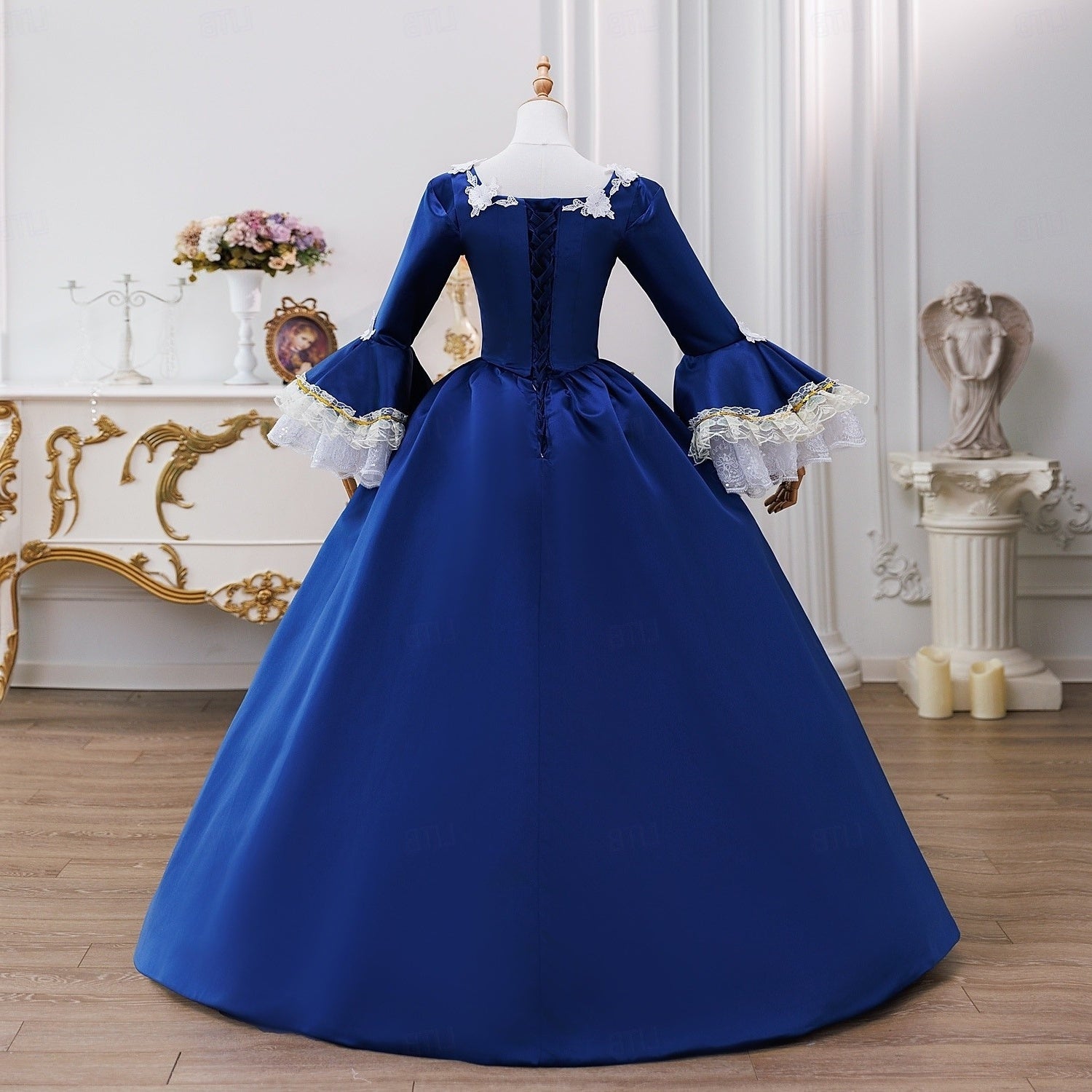 18th Century Ball Gown Square Neck Long Sleeves Maria Antonietta Rococo Victorian Renaissance Vacation Dress