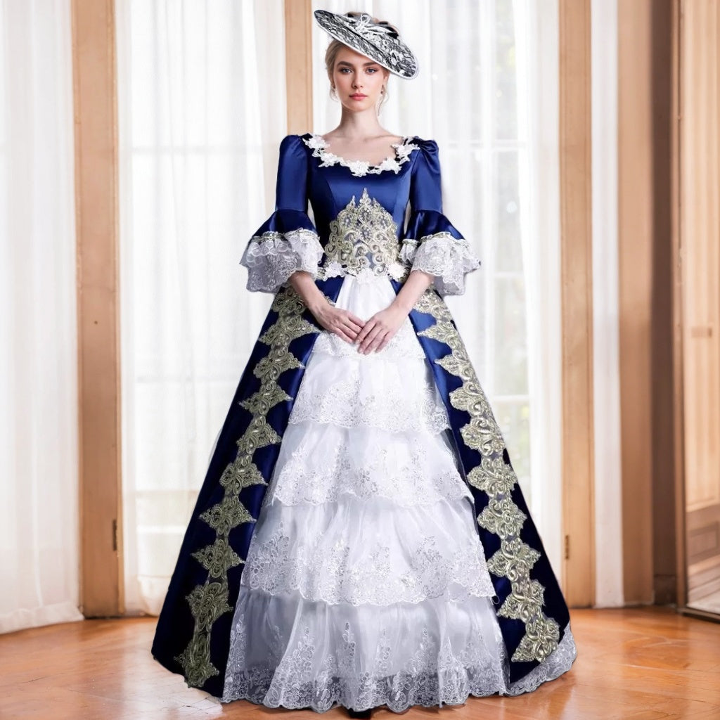 18th Century Ball Gown Square Neck Long Sleeves Maria Antonietta Rococo Victorian Renaissance Vacation Dress
