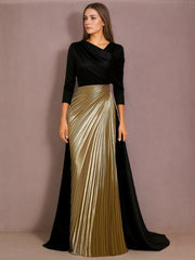 A-Line/Princess 3/4 Length Sleeves Floor-Length Satin Evening Dresses with Pleats & Sequins