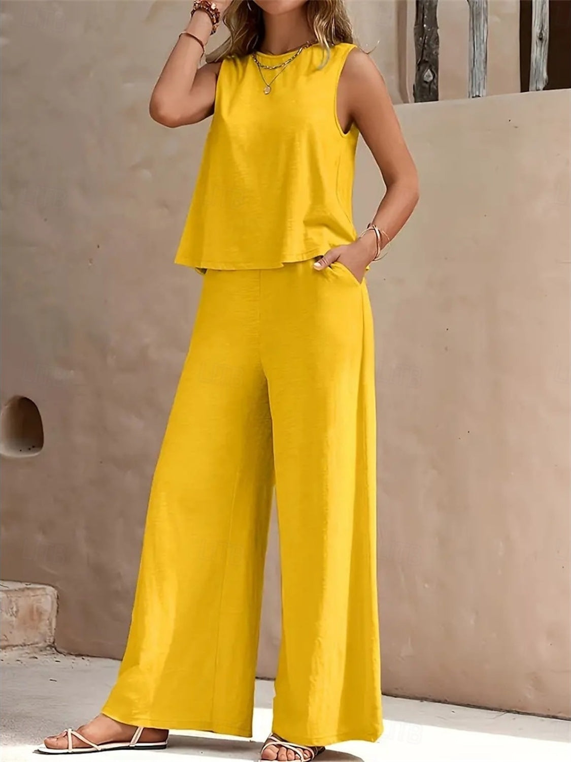 2 Pieces Jewel Neck Sleeveless Ankle-Length Wedding Guest Pantsuits with Pockets