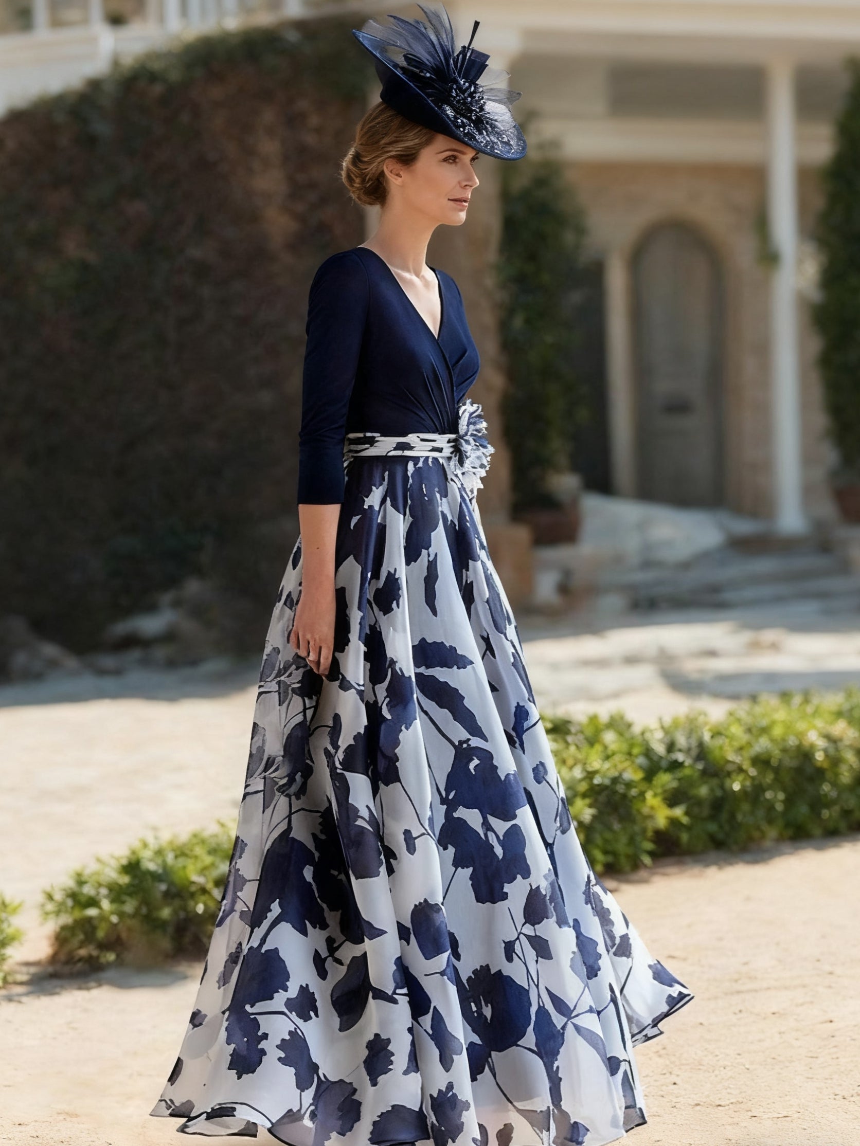A Line/Princess V Neck 3/4 Sleeves Floral Mother of the Bride Dresses