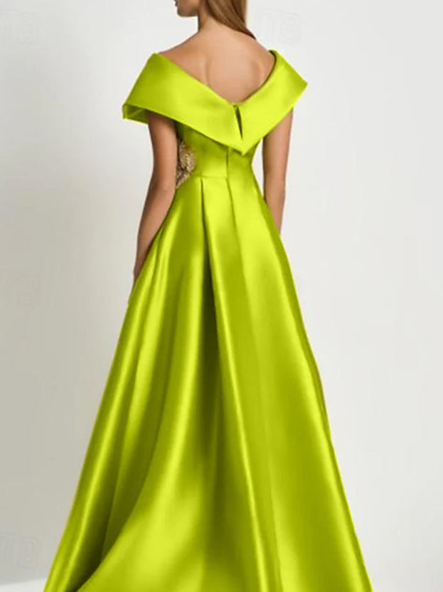 A-Line Short Sleeve Length  V Neck Satin Rhinestone Mother of the Bride Dresses