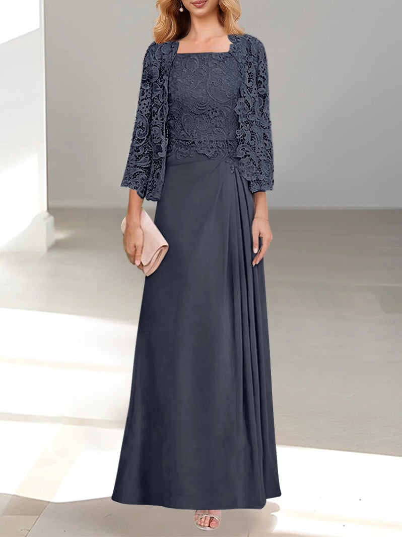 2 Pieces A-Line/Princess Scoop Floor-Length Mother of the Bride Dresses with Pleated & Lace Appliques