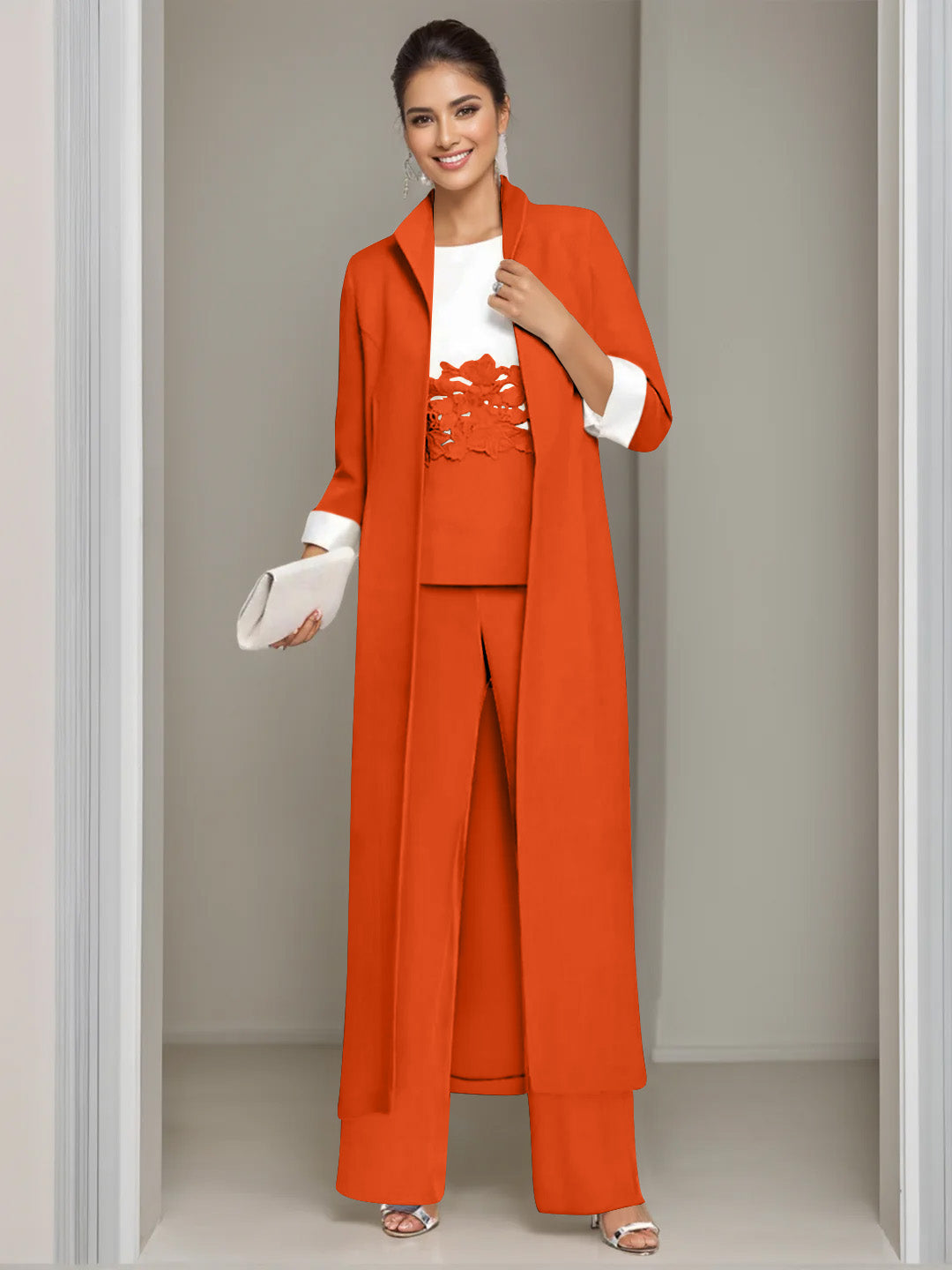 3 Pieces Square-Neck Ankle Length Mother of the Bride Pantsuits with Jacket & Appliques Lace