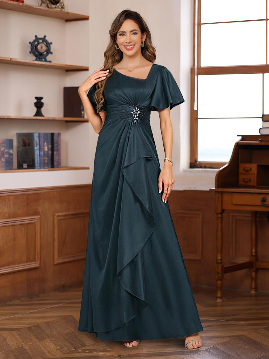A-Line V Neck Short Sleeves Floor Length Luxurious Mother of the Bride Dresses with Beadings & Sequins