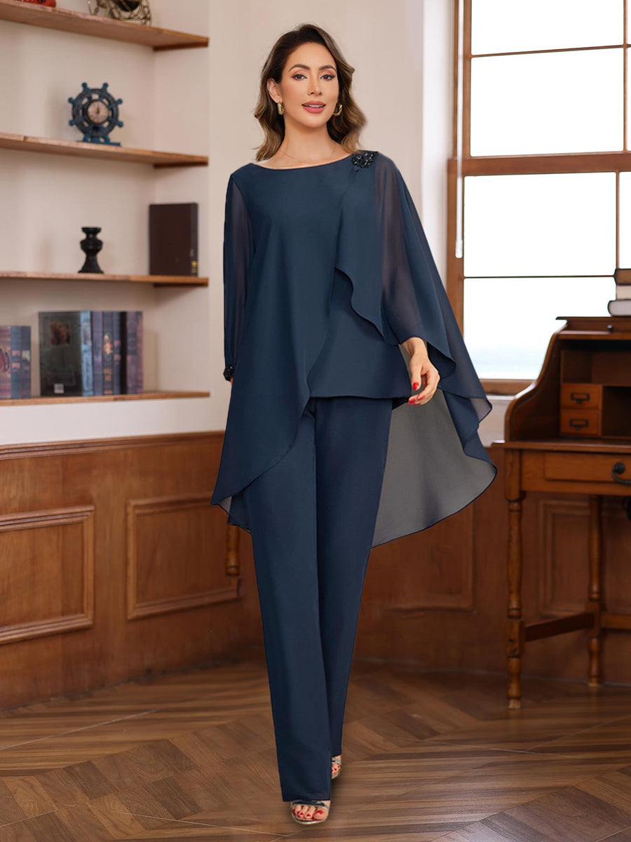 2 Pieces Chiffon Round Neck Floor-Length Mother of the Bride Pantsuits with Ruffles & Sequins & Beading