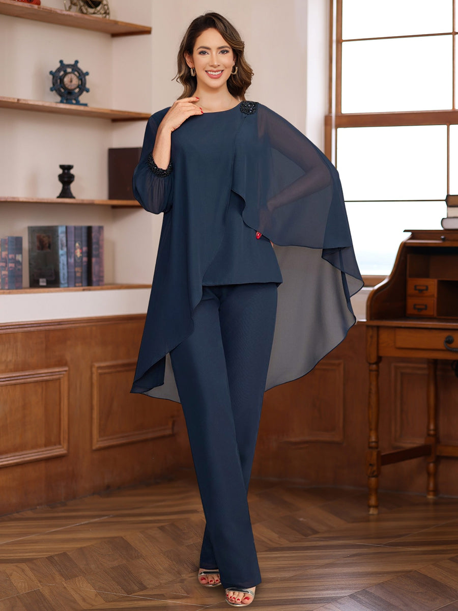 2 Pieces Chiffon Round Neck Floor-Length Mother of the Bride Pantsuits with Ruffles & Sequins & Beading