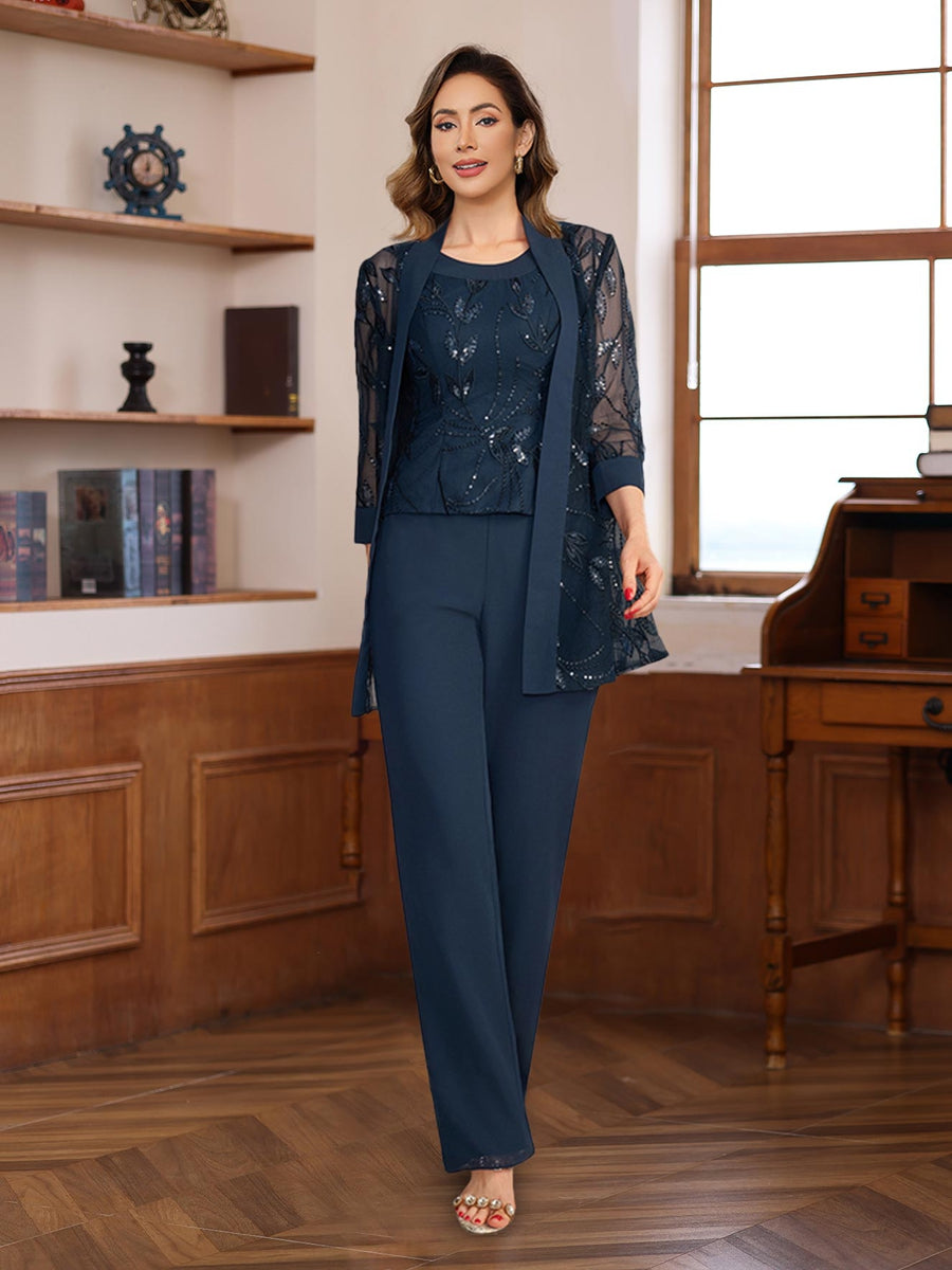 3 Pieces Chiffon Round Neck Floor-Length Mother of the Bride Pantsuits with Sequins