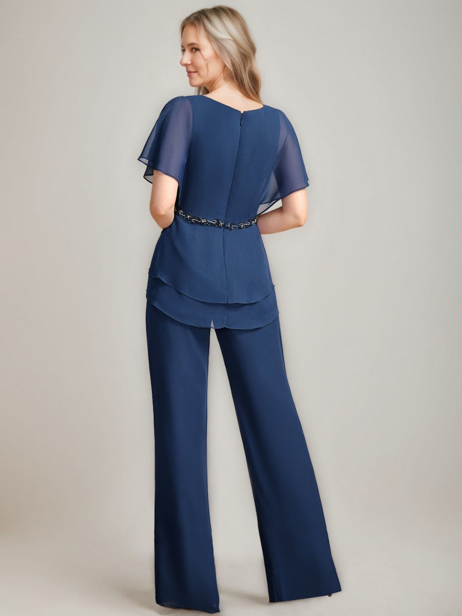 2 Pieces V-Neck Ruched Flutter Sleeves Floor-Length Beading Mother of the Bride Pantsuits