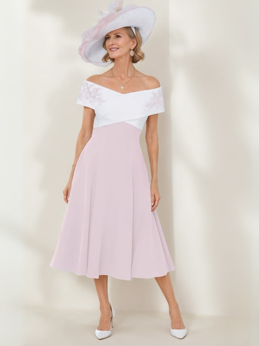 A-Line Princess Off-the-Shoulder Tea-Length Mother of the Bride Dresses with Lace Appliques