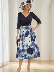 A Line/Princess V-Neck 3/4 Sleeves Tea-Length Floral Mother of the Bride Dresses With Printed Flowers