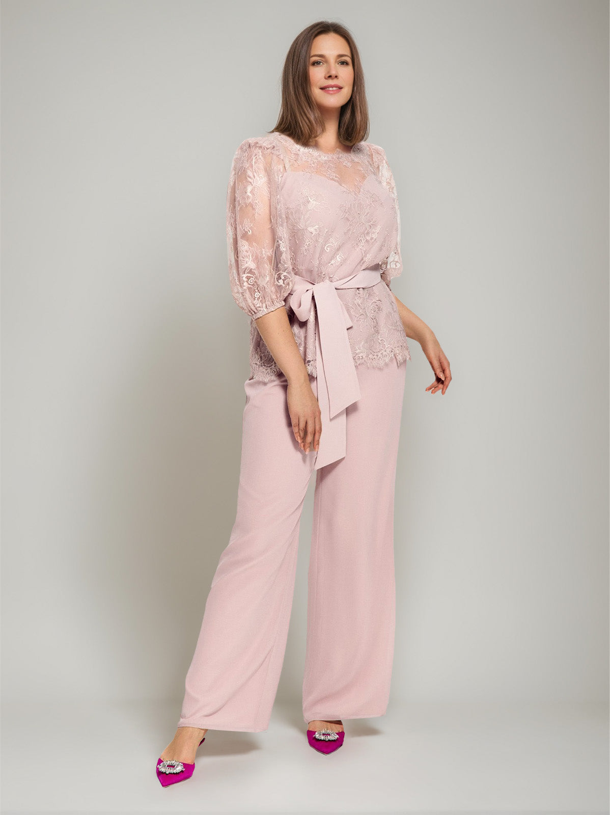 2 Pieces Round Neck Plus Size Half Sleeves Mother of the Bride Paintsuits with Lace & Sash