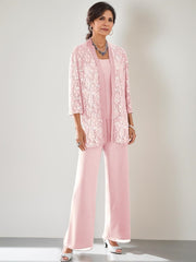 3 Pieces Scoop Neck 3/4 Sleeves Ankle-Length Mother of the Bride Pantsuits with Lace & Sequins & Jacket