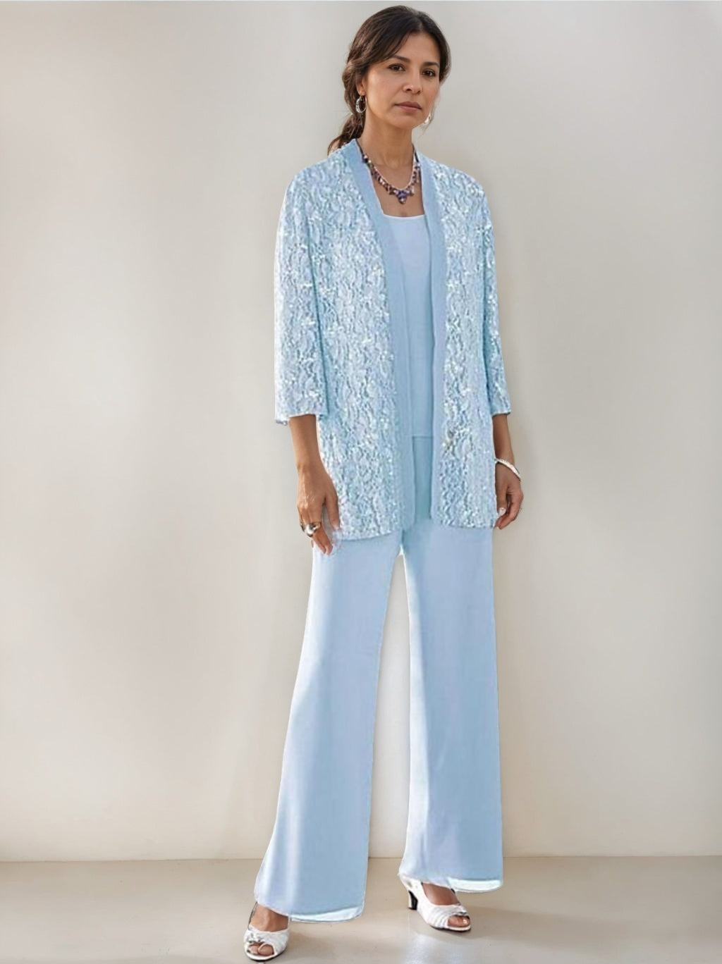 3 Pieces Scoop Neck 3/4 Sleeves Ankle-Length Mother of the Bride Pantsuits with Lace & Sequins & Jacket