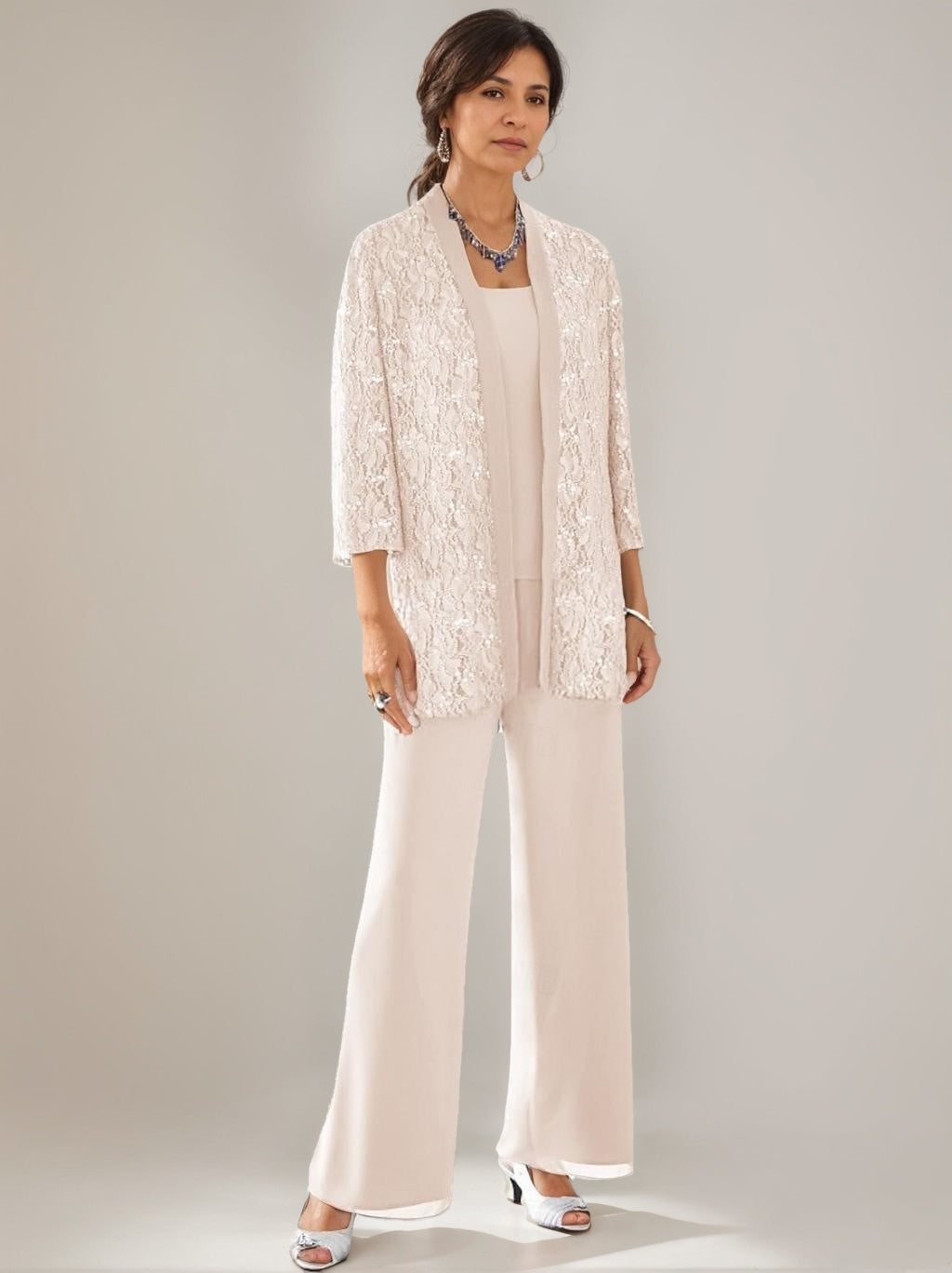 3 Pieces Scoop Neck 3/4 Sleeves Ankle-Length Mother of the Bride Pantsuits with Lace & Sequins & Jacket