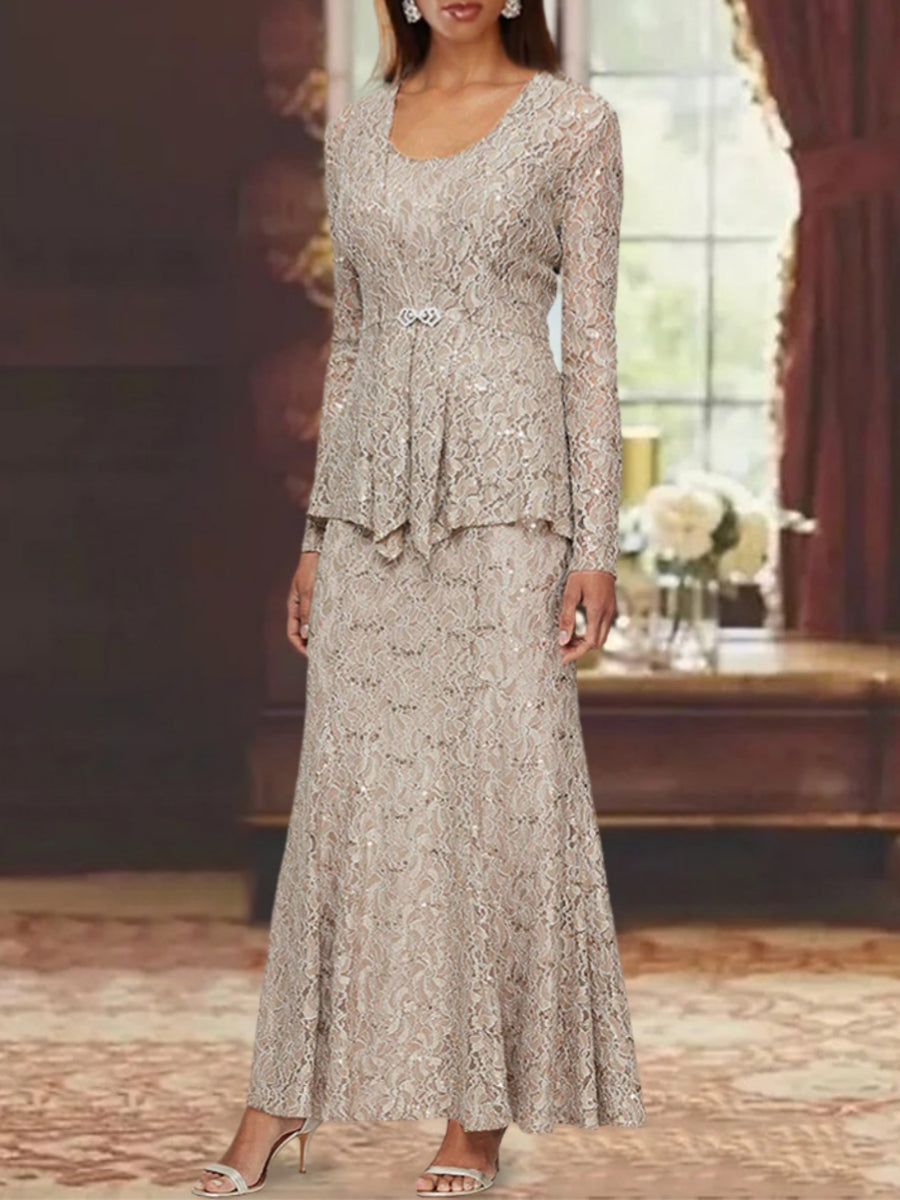 A-Line/Princess 2 Pieces Scoop Lace Mother of the Bride Dresses with Jacket Long Sleeves Ankle-Length