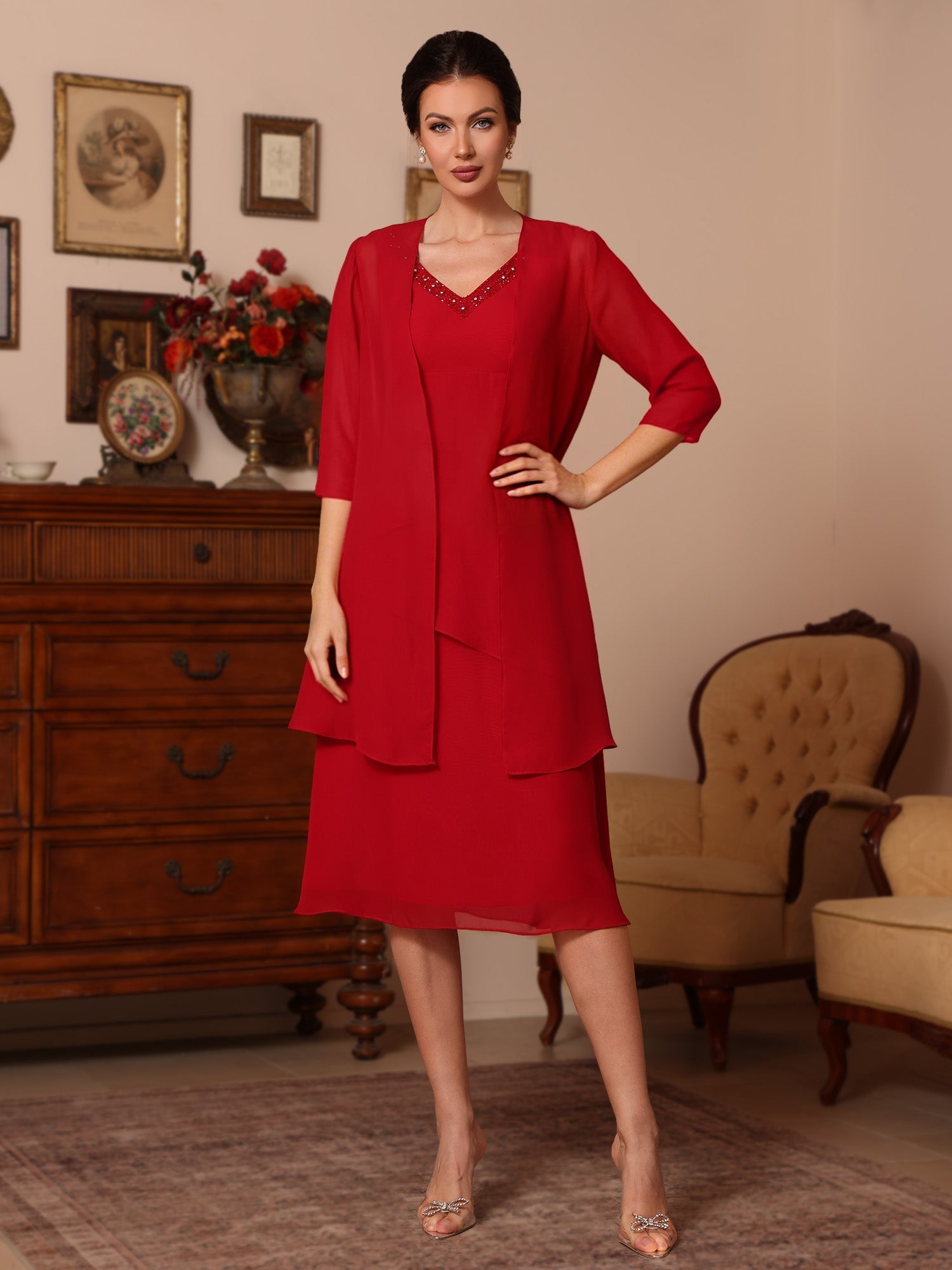 2 Pieces Sheath/Column V-Neck Chiffon Mother of the Bride Dresses with Jacket Beading Knee-Length Half Sleeves